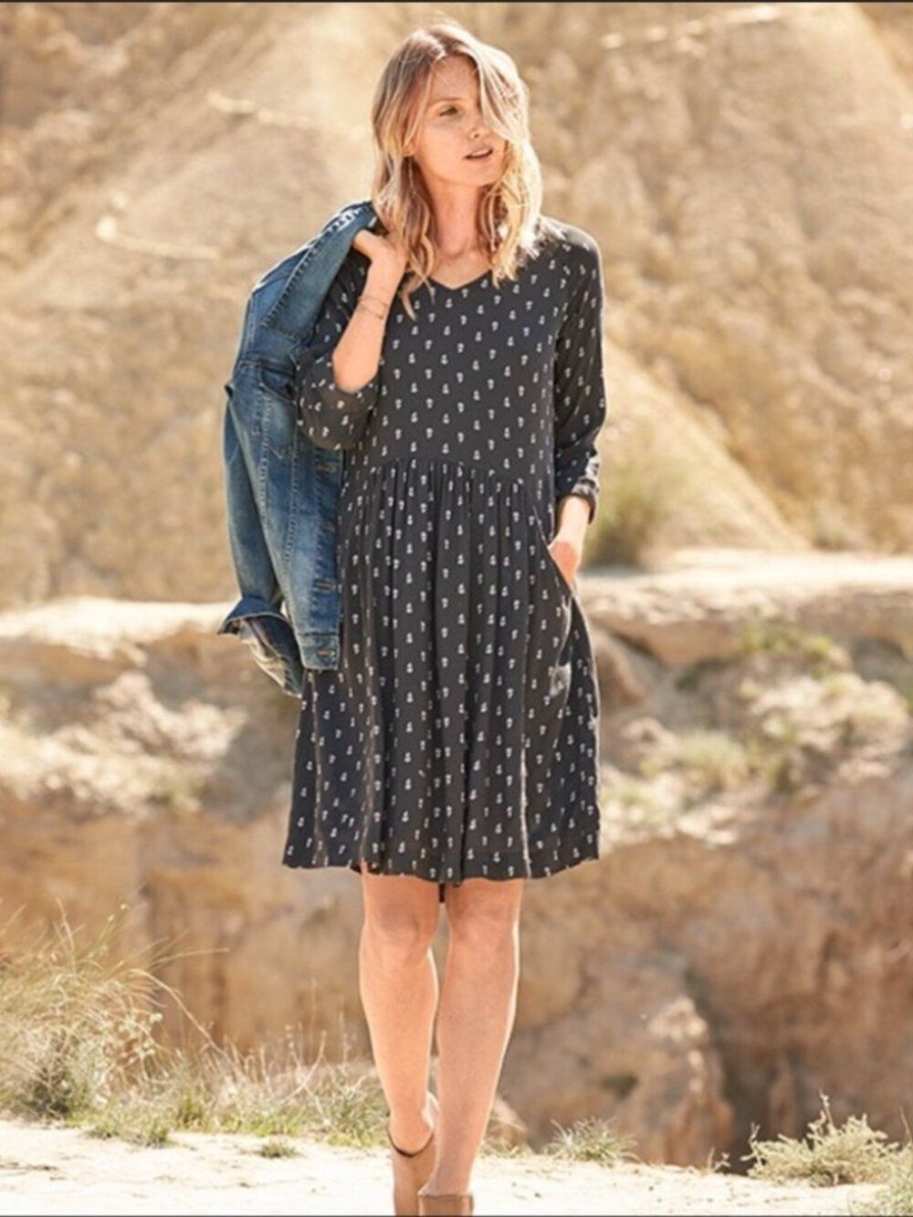Garnet Hill | Bohemian Pocket Detail Dress | 12 | Gray & White